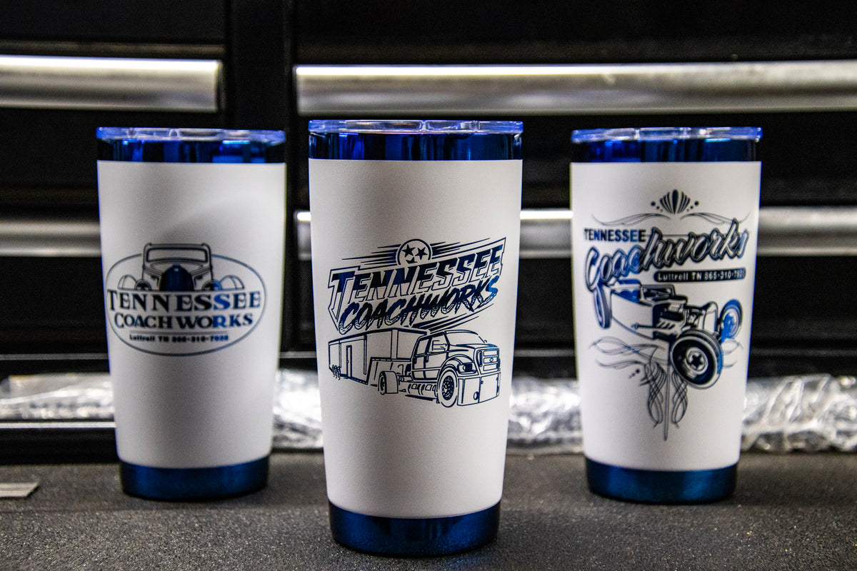 METALLIC BLUE & WHITE SHOP INSULATED MUGS