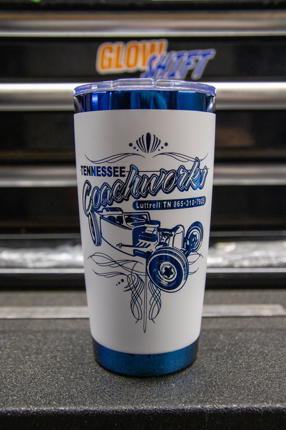 METALLIC BLUE & WHITE SHOP INSULATED MUGS
