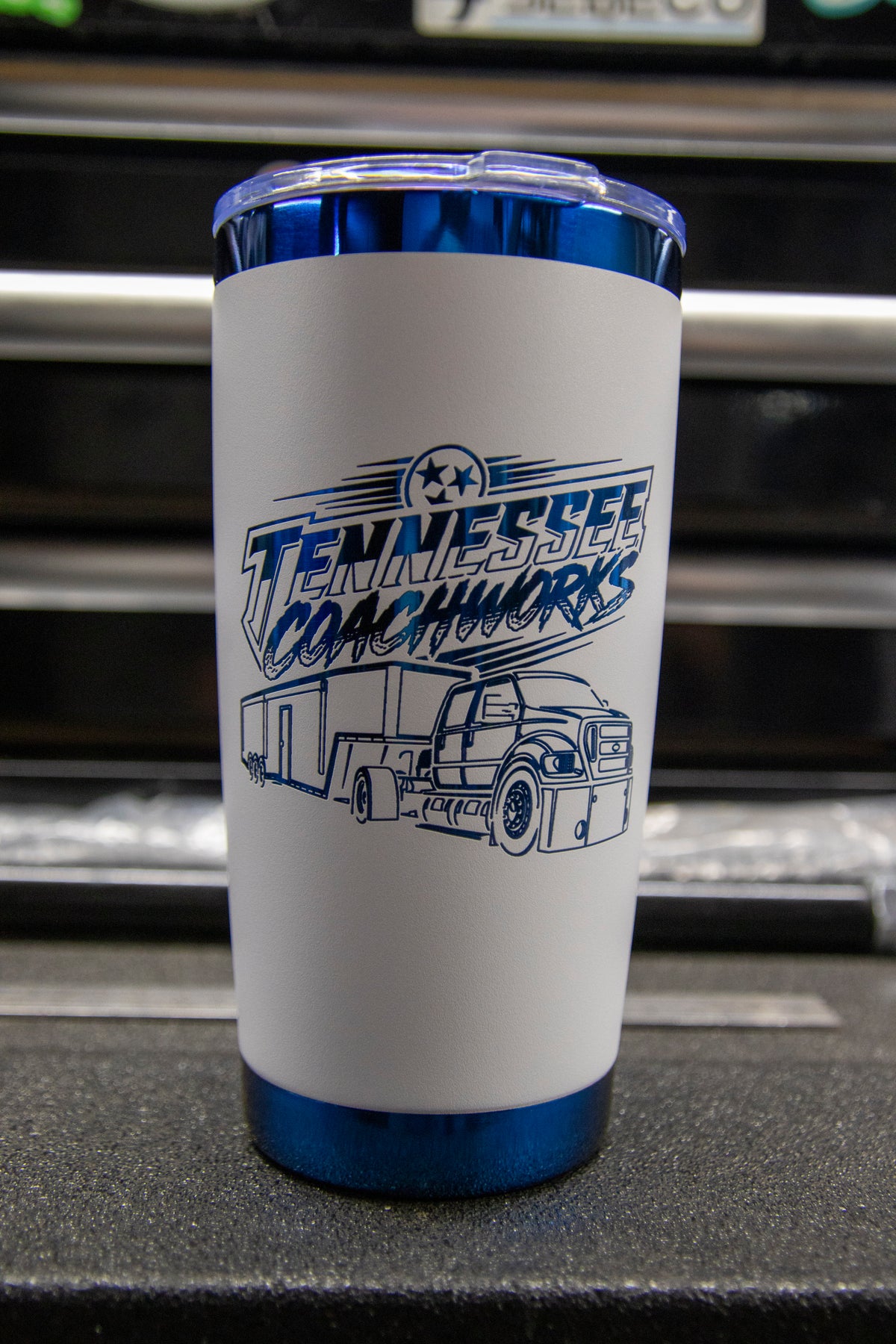 METALLIC BLUE & WHITE SHOP INSULATED MUGS