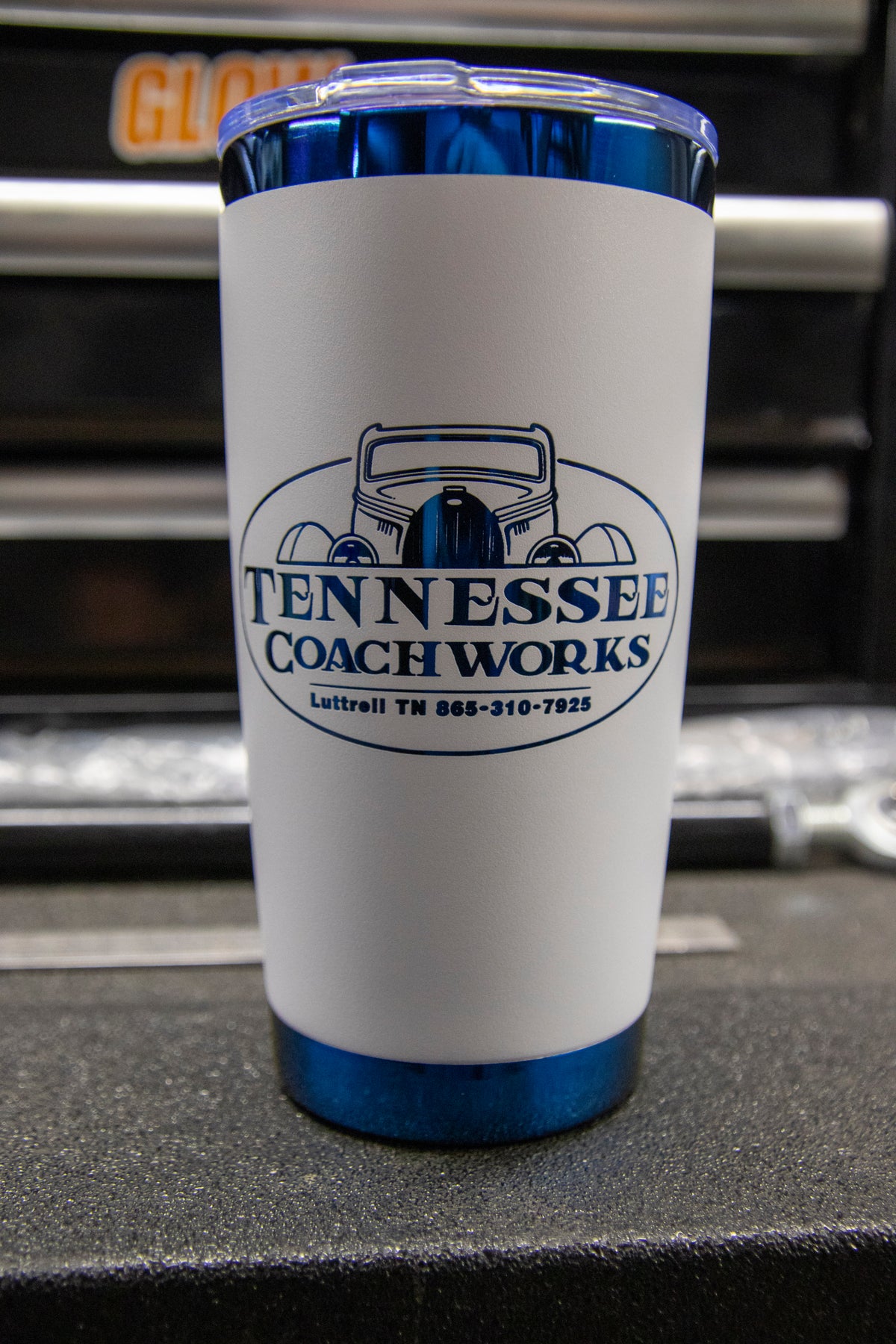 METALLIC BLUE & WHITE SHOP INSULATED MUGS